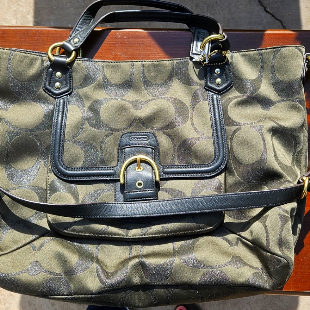 Authentic Coach F26243 Campbell Large Signature Metallic Green NWOT